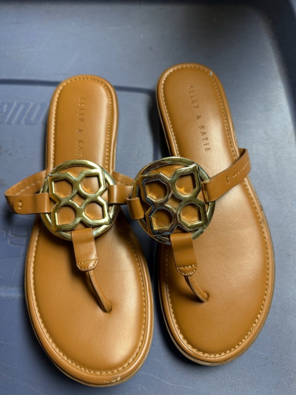 Kelly & Katie Camel/Tan Leather T-Strap Sandals with Gold Medallion